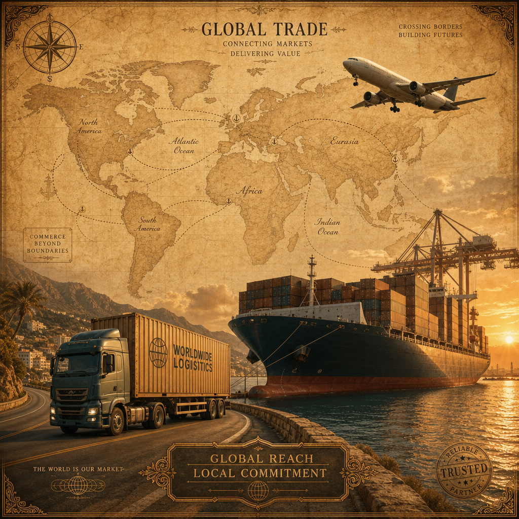 Cross-border trade logistics — a cargo ship at harbor, a freight truck and an airplane over an antique map